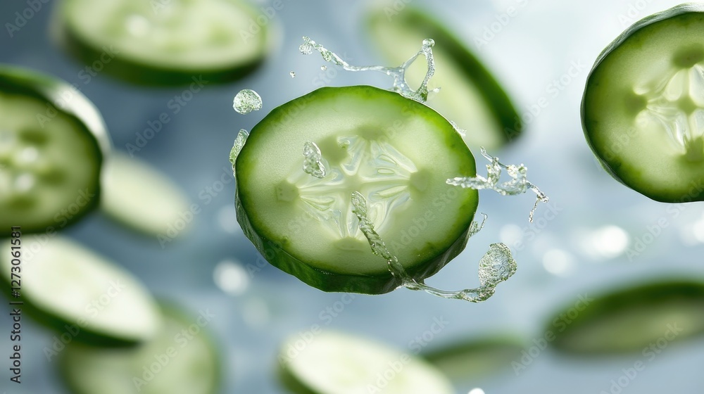 Poster sliced cucumber pieces floating in the air, showcasing the freshness and vibrant green color, symbol