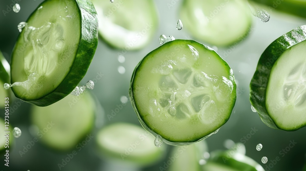 Poster sliced cucumber pieces floating in the air, showcasing the freshness and vibrant green color, symbol