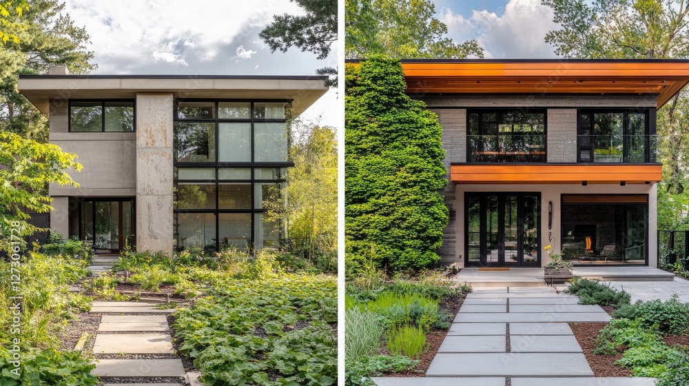 Poster slider image comparing a dilapidated house to a finished custom home, featuring lush greenery and a 