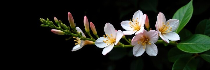Fototapeta premium Honeysuckle flowers in full bloom on a black background, white, nature