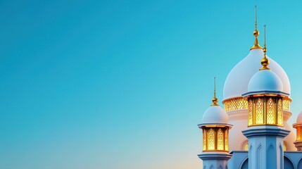 Domes and towers of a mosque shine against the sky