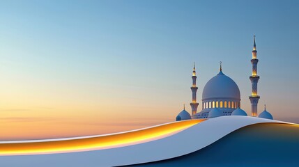 Grand white mosque stands elegantly against a serene colorful sky