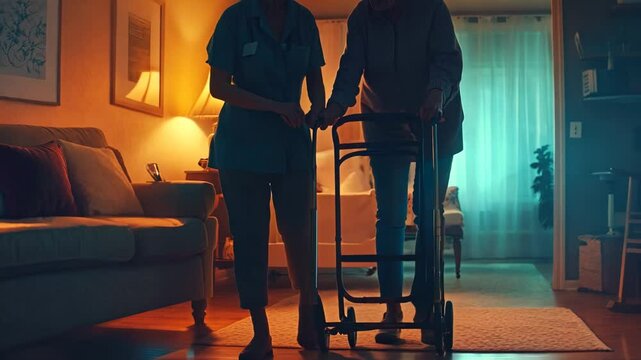 A compassionate caregiver helps an elderly woman with a walker in a warmly lit home setting. The scene conveys care, support, and dignity in senior living, highlighting the importance of home 