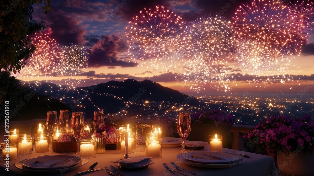 Poster Soft candlelight illuminating a table, with a grand fireworks display filling the sky, creating a perfect setting for a romantic evening.