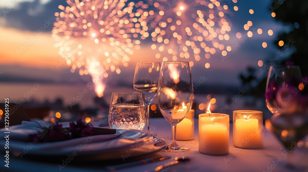Poster Soft candlelight illuminating a table, with a grand fireworks display filling the sky, creating a perfect setting for a romantic evening.
