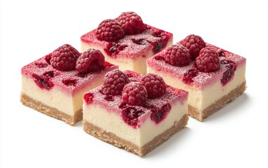 Cheesecake slices with raspberry topping isolated on white
