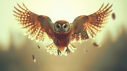Obraz premium Owl in silent flight, wings spread wide, capturing the intricate patterns of feathers, floating on a white minimalist surface.