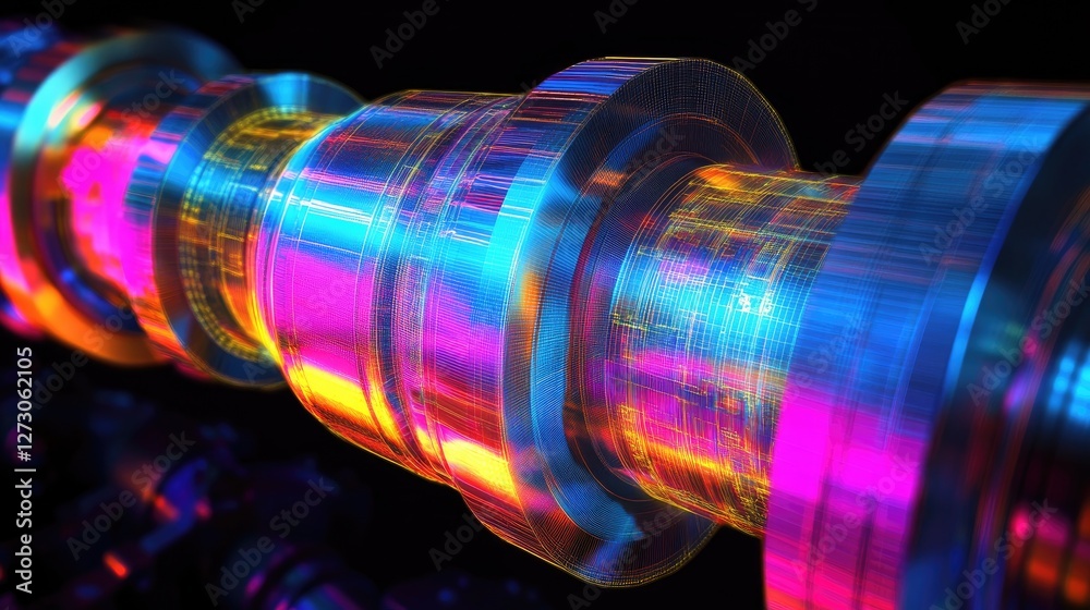Poster Stress test results of a crankshaft and pistons using FEM, with color maps that visualize the distribution of forces in the components.