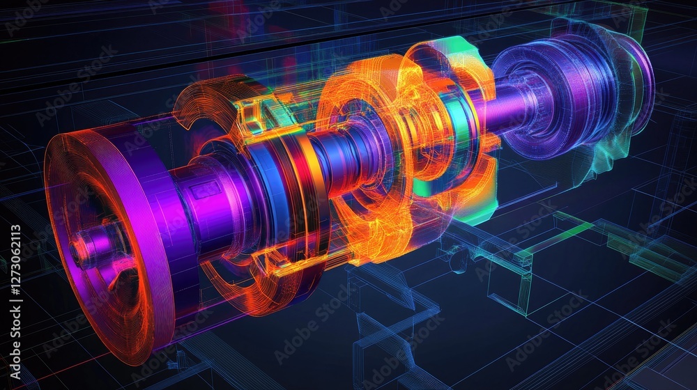 Aufkleber Stress test results of a crankshaft and pistons using FEM, with color maps that visualize the distribution of forces in the components.