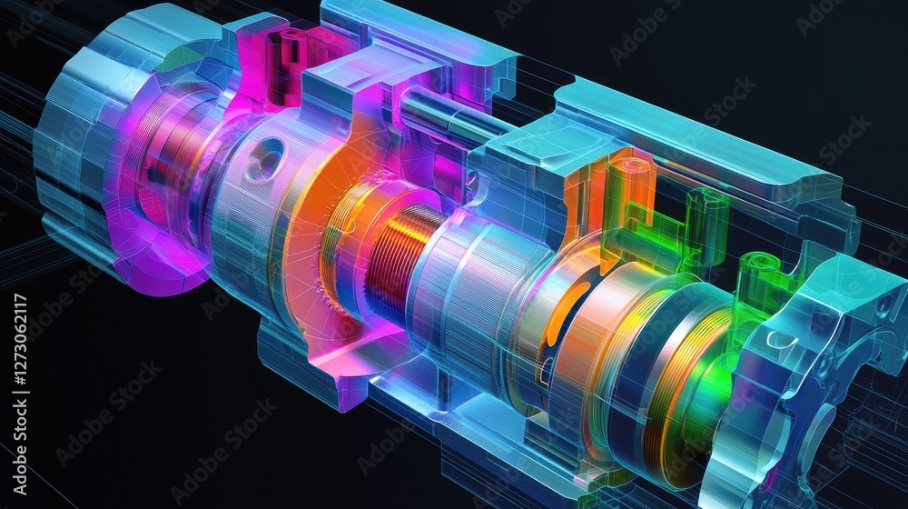 Aufkleber stress test results of a crankshaft and pistons using fem, with color maps that visualize the distri