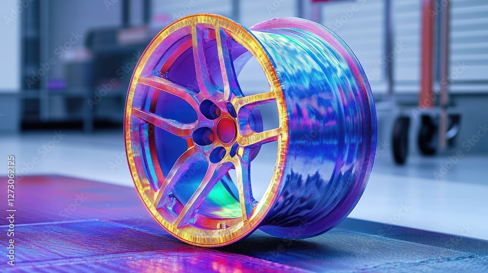 Poster Stress test simulation of a rim wheel, using FEM analysis to visualize areas of stress with a color map showing potential failure points