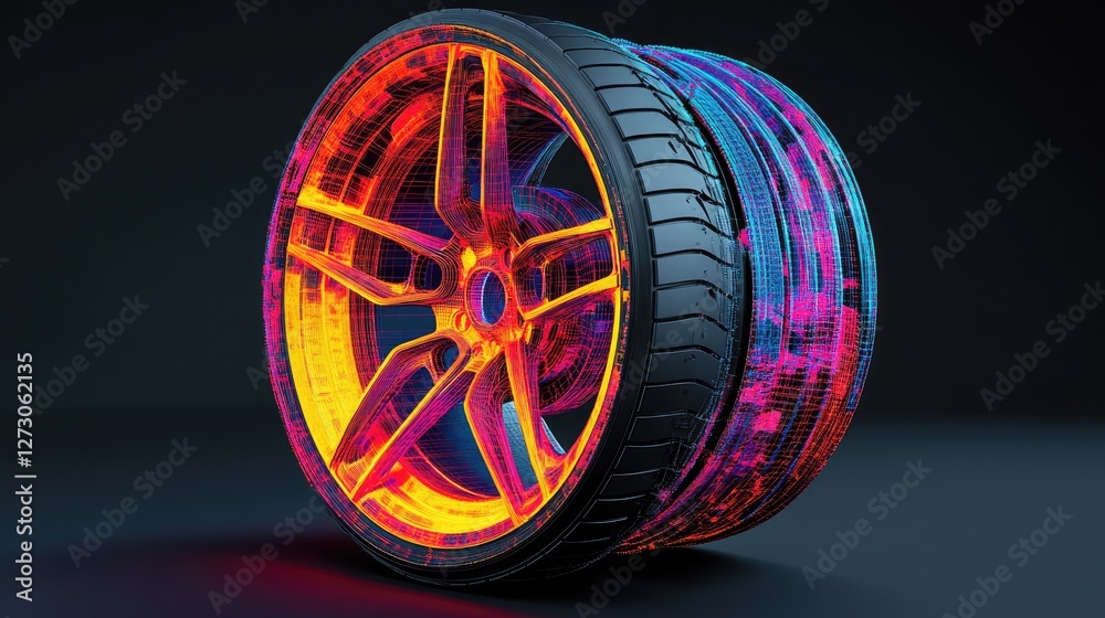 Poster Stress test simulation of a rim wheel, using FEM analysis to visualize areas of stress with a color map showing potential failure points