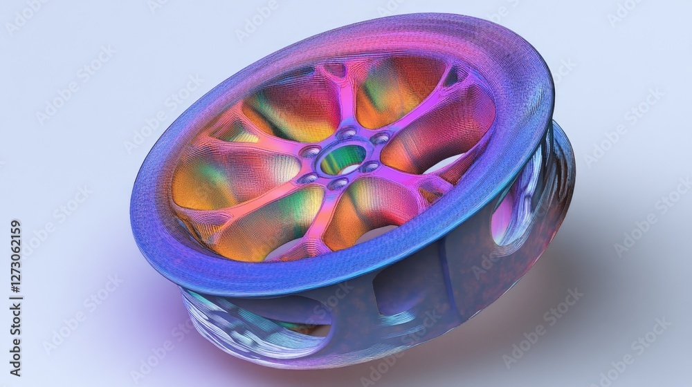 Poster Stress test simulation of a rim wheel, using FEM analysis to visualize areas of stress with a color map showing potential failure points