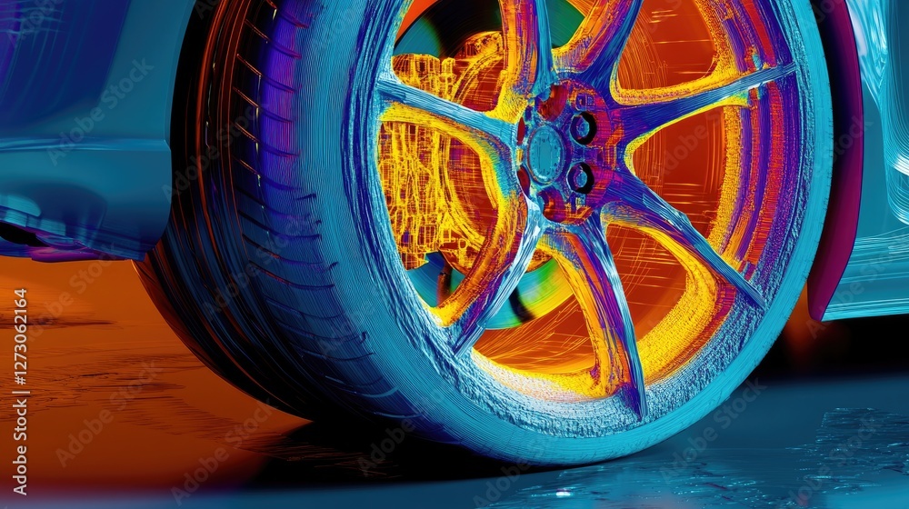 Poster Stress test simulation of a rim wheel, using FEM analysis to visualize areas of stress with a color map showing potential failure points