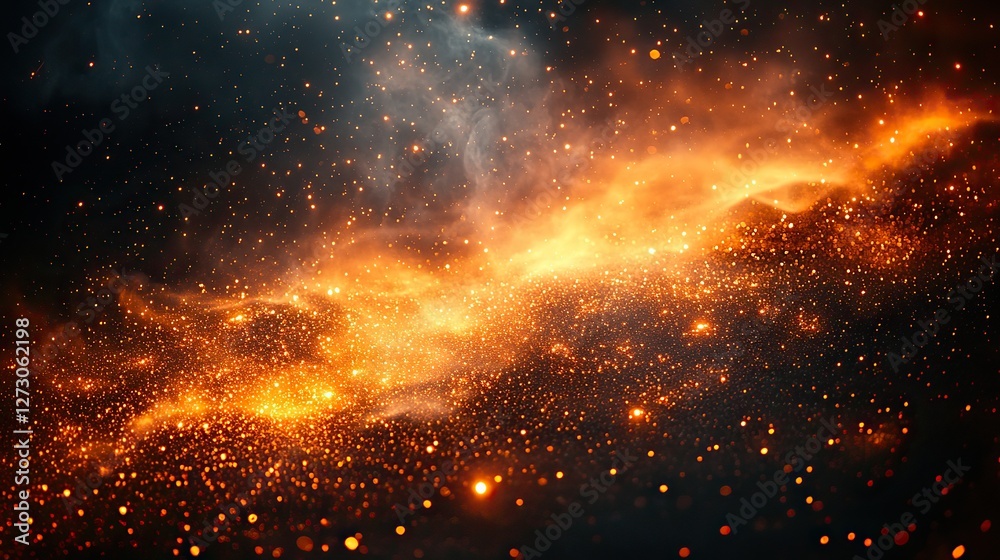 Sticker sparks and embers flying up in the dark sky creating a dazzling light effect on a black background