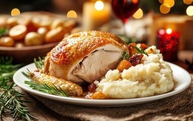 Classic roast chicken with mashed potatoes and gravy on a white plate