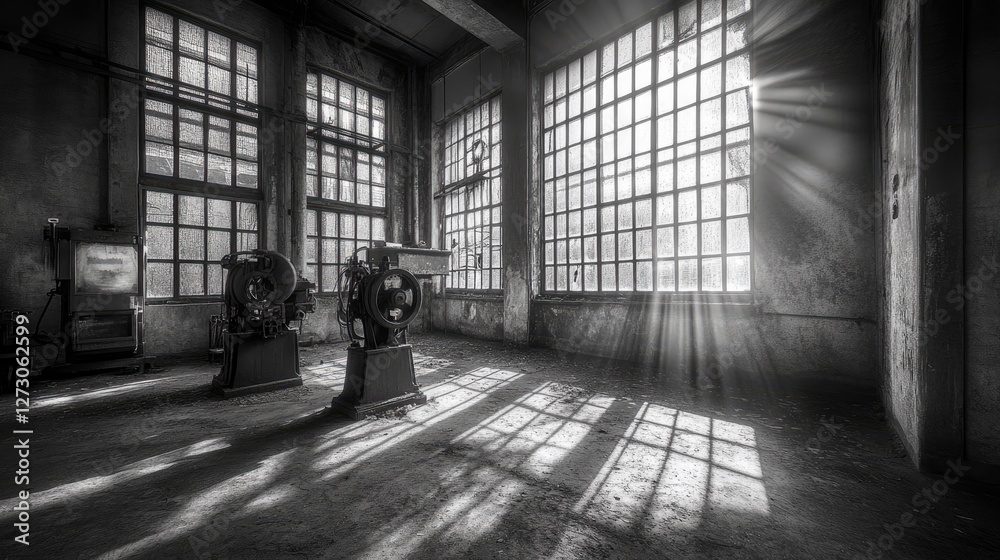 Poster sunlight filtering through the cracked windows of an old industrial building, casting a nostalgic gl