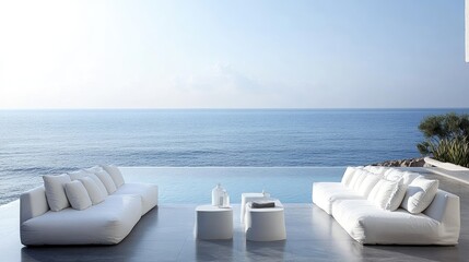 Fototapeta premium Stylish white outdoor furniture positioned by the ocean, with calm waters in the background, embodying the luxury and serenity of a resort getaway.