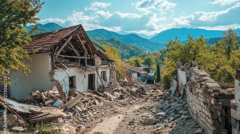 Poster the aftermath of an earthquake in a mountain village, showing a collapsed house surrounded by debris