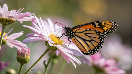 close-up of a butterfly resting on a flower, with every detail of its wings and the flower’s petals visible.