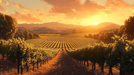 Fototapeta premium A scenic vineyard at sunset with rows of grapevines stretching into the horizon, warm tones