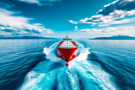 A large red boat traveling through the ocean on a sunny day - Powered by Adobe