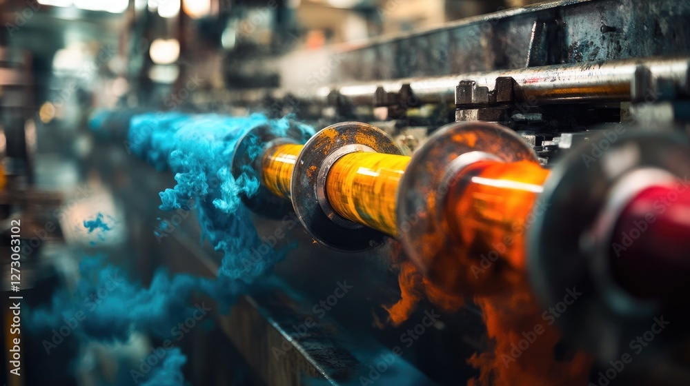 Poster The vibrant flow of ink through color printing rollers in a factory setting, illustrating the sophisticated process of modern industrial printing.