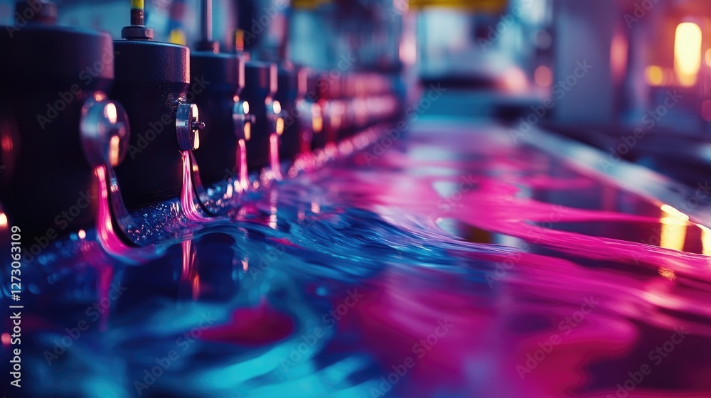Poster The vibrant flow of ink through color printing rollers in a factory setting, illustrating the sophisticated process of modern industrial printing.