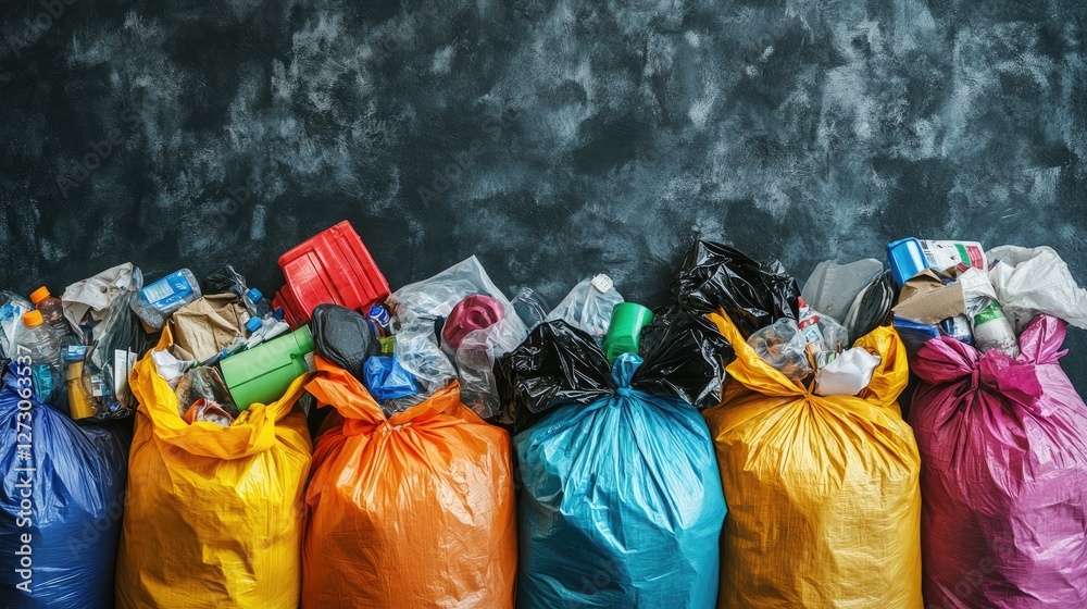 Poster trash bags filled with sorted recyclable materials, overflowing in a visual representation of the gr