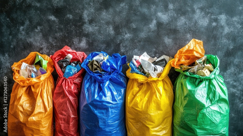 Poster trash bags filled with sorted recyclable materials, overflowing in a visual representation of the gr