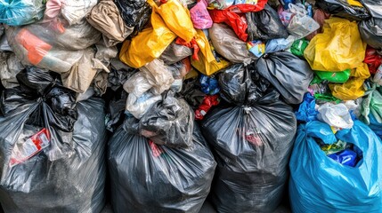 Trash bags overflowing with sorted garbage, demonstrating the importance of recycling and sustainability in waste management and environmental protection.