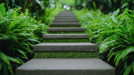 A serene pathway of stone steps surrounded by lush greenery, inviting exploration and tranquility in a natural setting.