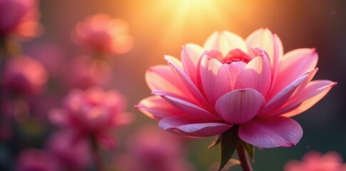 Pink flower petals shining in the fading light, soft, pink, golden