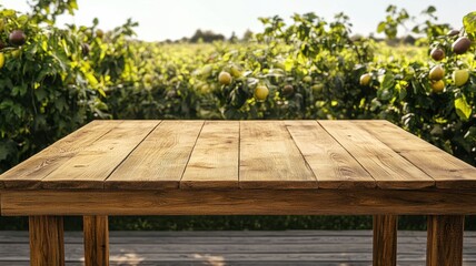 Naklejka premium Empty wooden table ready for showcasing bright fruits and fresh produce in a vibrant setting.