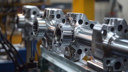 Precision Machined Metal Components on Assembly Line Industrial Manufacturing Process with Shiny Silver Finish and Engineering Design