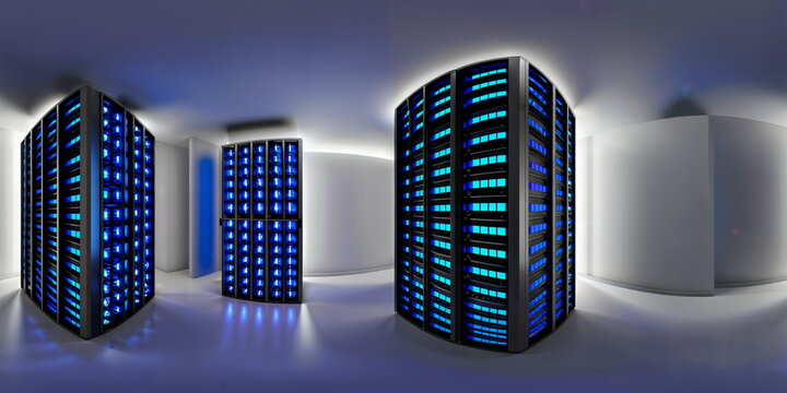 Full 360 degrees seamless spherical panorama HDRI equirectangular projection of a server data room center. Texture environment map for lighting and reflection source rendering 3d scenes.