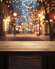 Fototapeta premium Blurred background of a night street with bokeh lights and an empty wooden table for product display in an urban city at evening