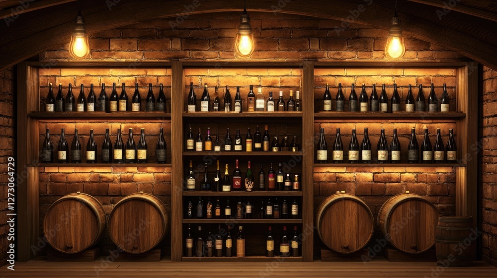 Poster wooden barrels and shelves lined with bottles of wine aging in a wine cellar, evoking a sense of tra
