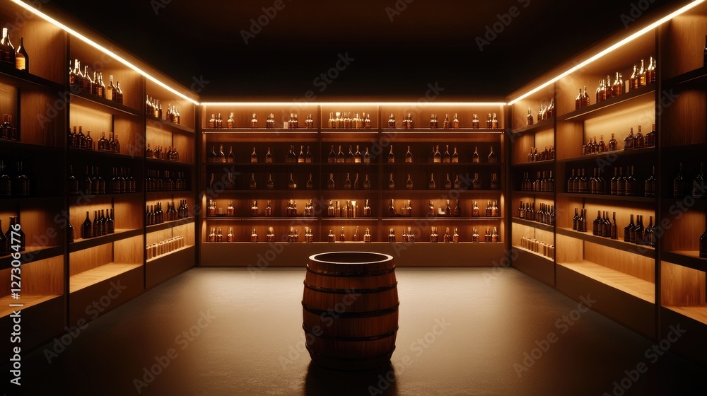 Poster wooden barrels and shelves lined with bottles of wine aging in a wine cellar, evoking a sense of tra