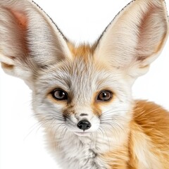 Fototapeta premium Close-up studio shot of a Fennec fox, showcasing its large ears and endearing brown eyes against a stark white background, revealing detail.