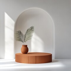 Terracotta Display with Arch and Plant: A Terracotta Cylindrical Display Platform with a Fluted Texture, Topped with a Terracotta Vase Containing Palm Fronds, Set Against a White Wall with an Arched N