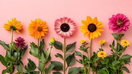 Obraz premium Vibrant Summer Flowers Arrangement Sunflowers Dahlias More on Pink Background