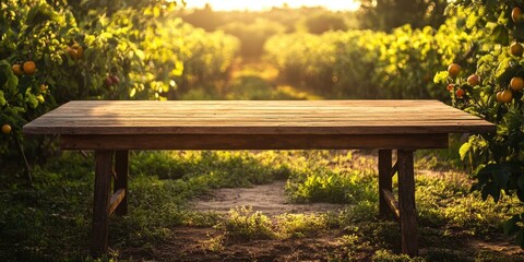 Naklejka premium Spacious wooden table adorned with fresh fruits, set against a vibrant field backdrop.