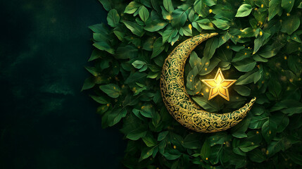 Golden Crescent Moon and Star on Lush Green Foliage Background