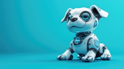 Fototapeta premium Futuristic robotic puppy with blue eyes on turquoise background. AI companionship