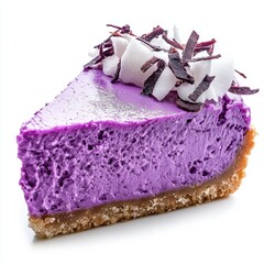 Vibrant purple ube cheesecake with coconut flakes isolated on white
