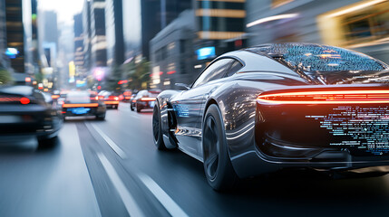 Fototapeta premium Futuristic vehicles racing through neon city streets urban environment high-speed action cyberpunk theme dynamic viewpoint