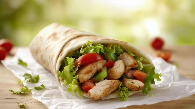 chicken shawarma wrapped in pita bread, topped with lettuce, tomatoes, and peppers, sitting on crumpled white paper on an oak table	
