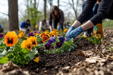 Fototapeta premium Volunteers planting vibrant pansies in a park flowerbed, hands in blue gloves carefully placing each flower, fostering community spirit and beautifying the landscape on a bright day.