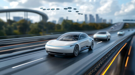 Self-driving electric cars on a glowing elevated highway urban setting futuristic technology daytime innovative transportation concept